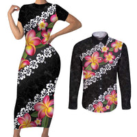 Black Polynesia Couples Matching Short Sleeve Bodycon Dress and Long Sleeve Button Shirt Plumeria With Hibiscus Pattern Tropical Vibes