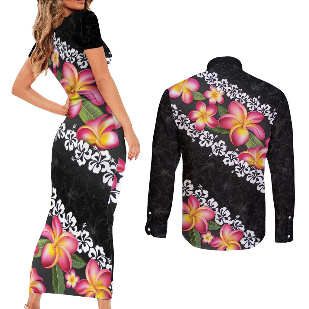 Black Polynesia Couples Matching Short Sleeve Bodycon Dress and Long Sleeve Button Shirt Plumeria With Hibiscus Pattern Tropical Vibes