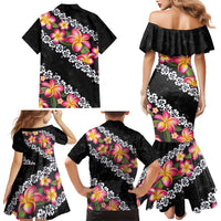Black Polynesia Family Matching Mermaid Dress and Hawaiian Shirt Plumeria With Hibiscus Pattern Tropical Vibes