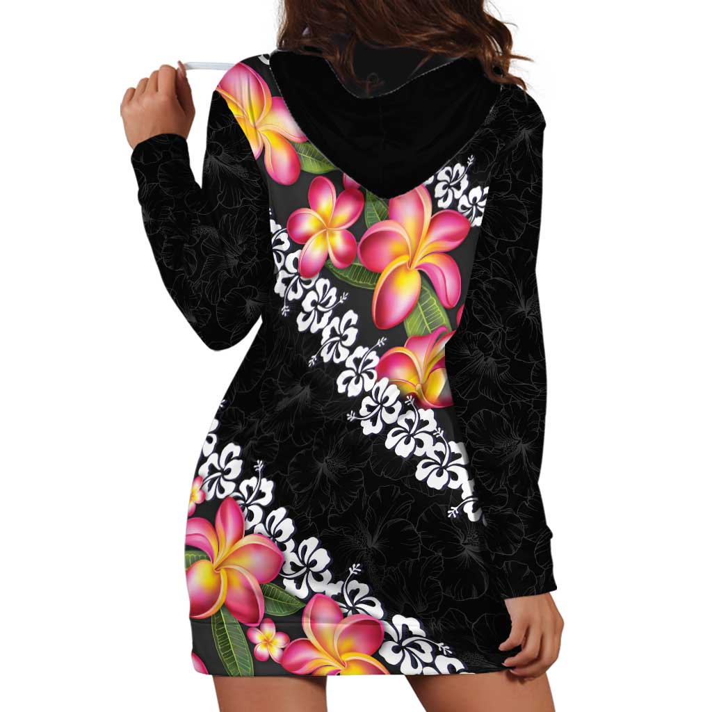 Black Polynesia Hoodie Dress Plumeria With Hibiscus Pattern Tropical Vibes