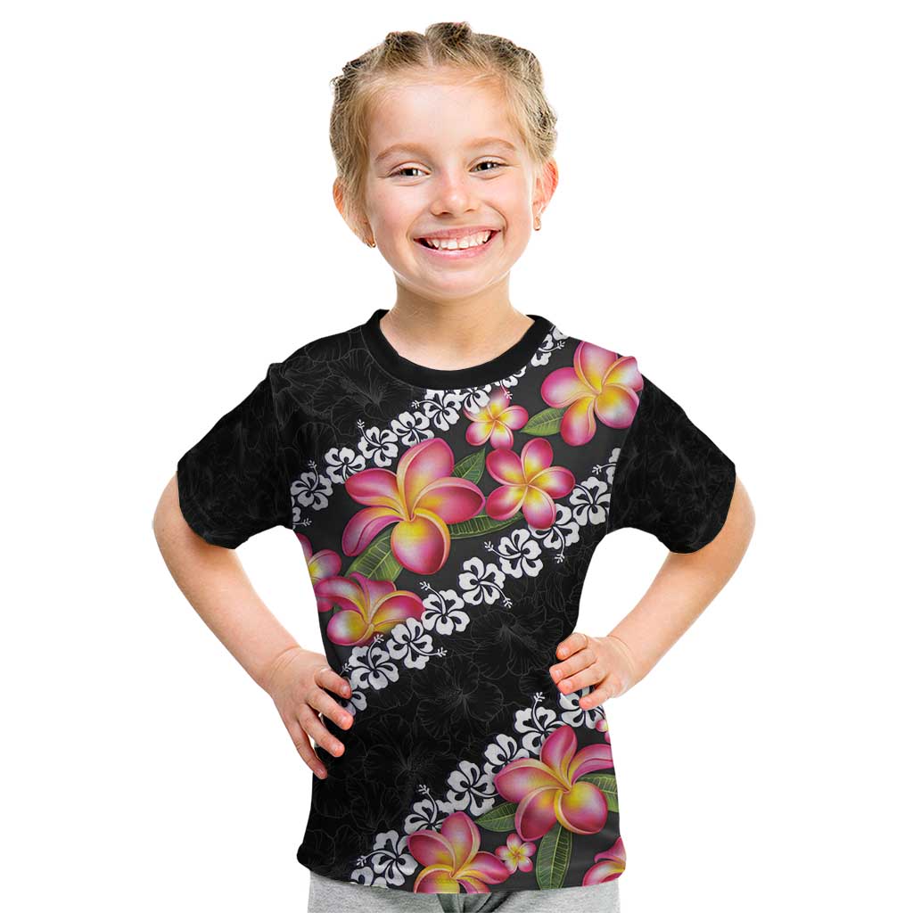 Black Polynesia Kid T Shirt Plumeria With Hibiscus Pattern Tropical Vibes