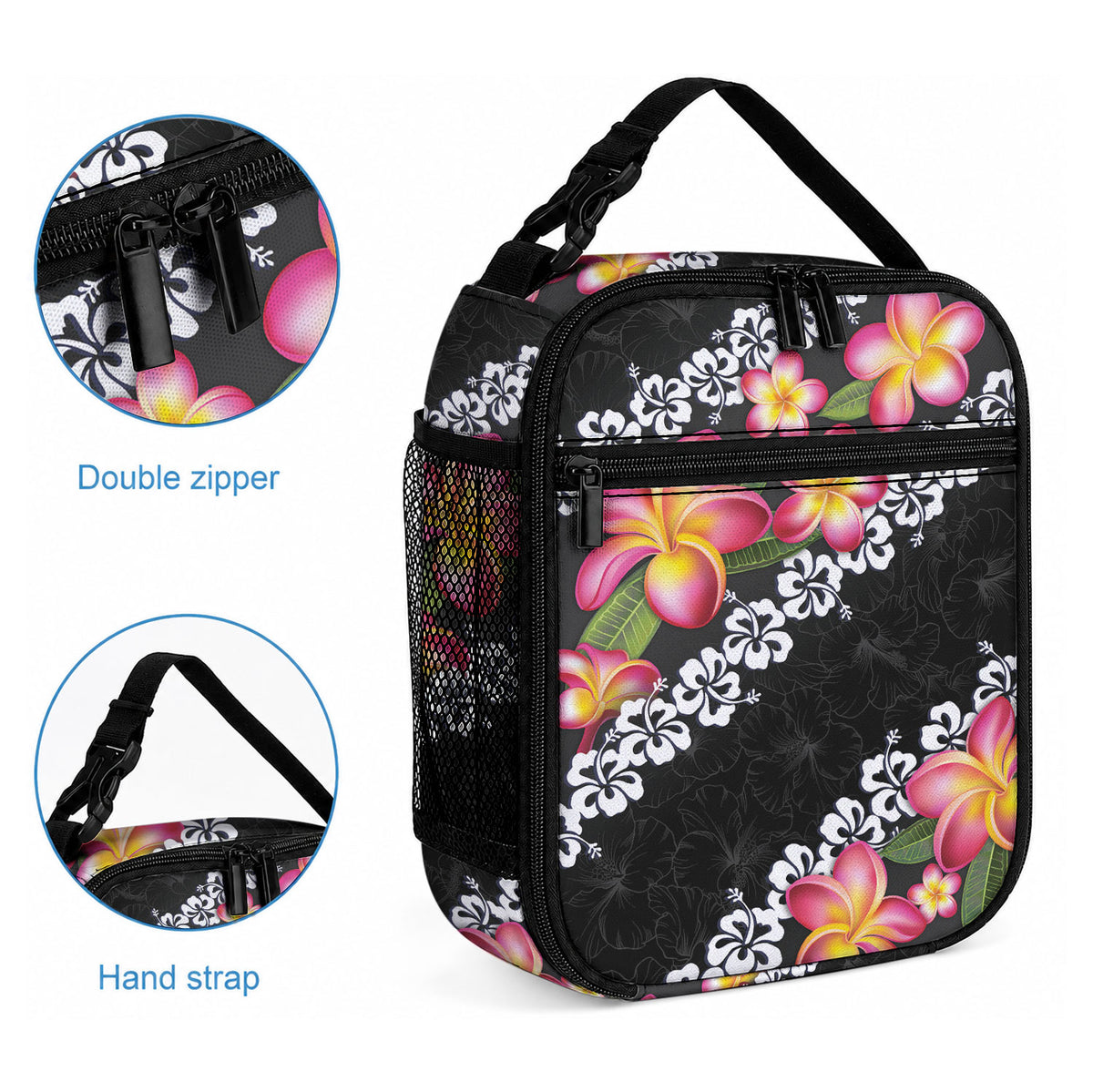 Black Polynesia Lunch Bag Plumeria With Hibiscus Pattern Tropical Vibes LT14 - Polynesian Pride
