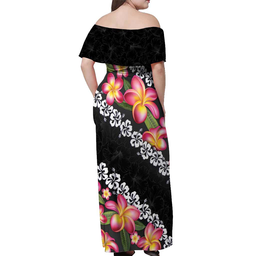 Black Polynesia Off Shoulder Maxi Dress Plumeria With Hibiscus Pattern Tropical Vibes