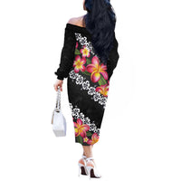 Black Polynesia Off The Shoulder Long Sleeve Dress Plumeria With Hibiscus Pattern Tropical Vibes