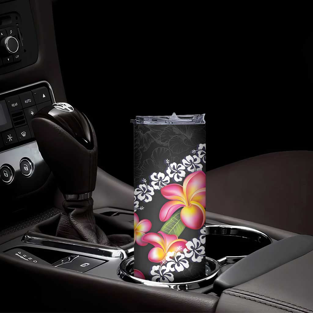 Black Polynesia Skinny Tumbler Plumeria With Hibiscus Pattern Tropical Vibes
