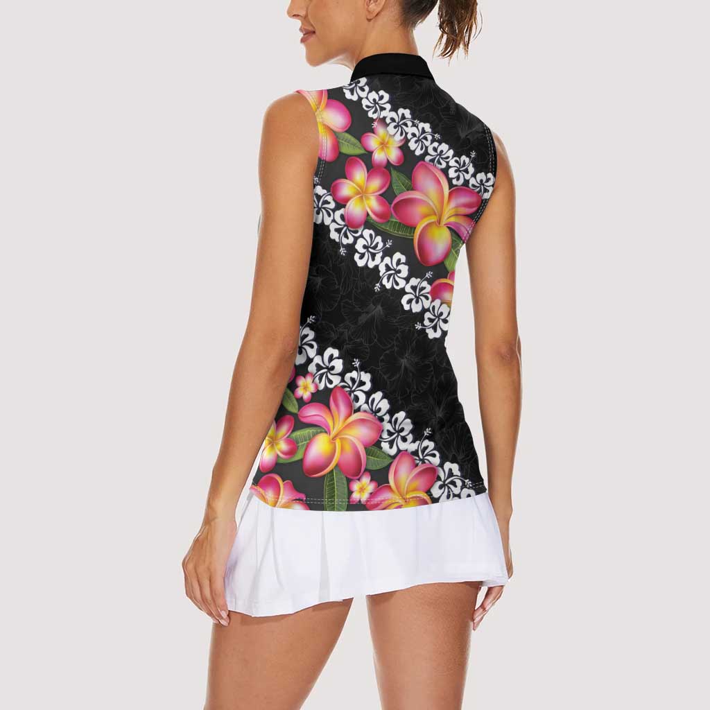 Black Polynesia Women Sleeveless Polo Shirt Plumeria With Hibiscus Pattern Tropical Vibes