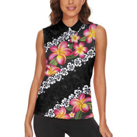 Black Polynesia Women Sleeveless Polo Shirt Plumeria With Hibiscus Pattern Tropical Vibes