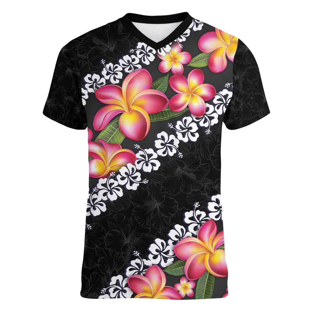 Black Polynesia Women V-Neck T-Shirt Plumeria With Hibiscus Pattern Tropical Vibes
