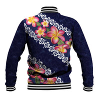 Blue Polynesia Baseball Jacket Plumeria With Hibiscus Pattern Tropical Vibes