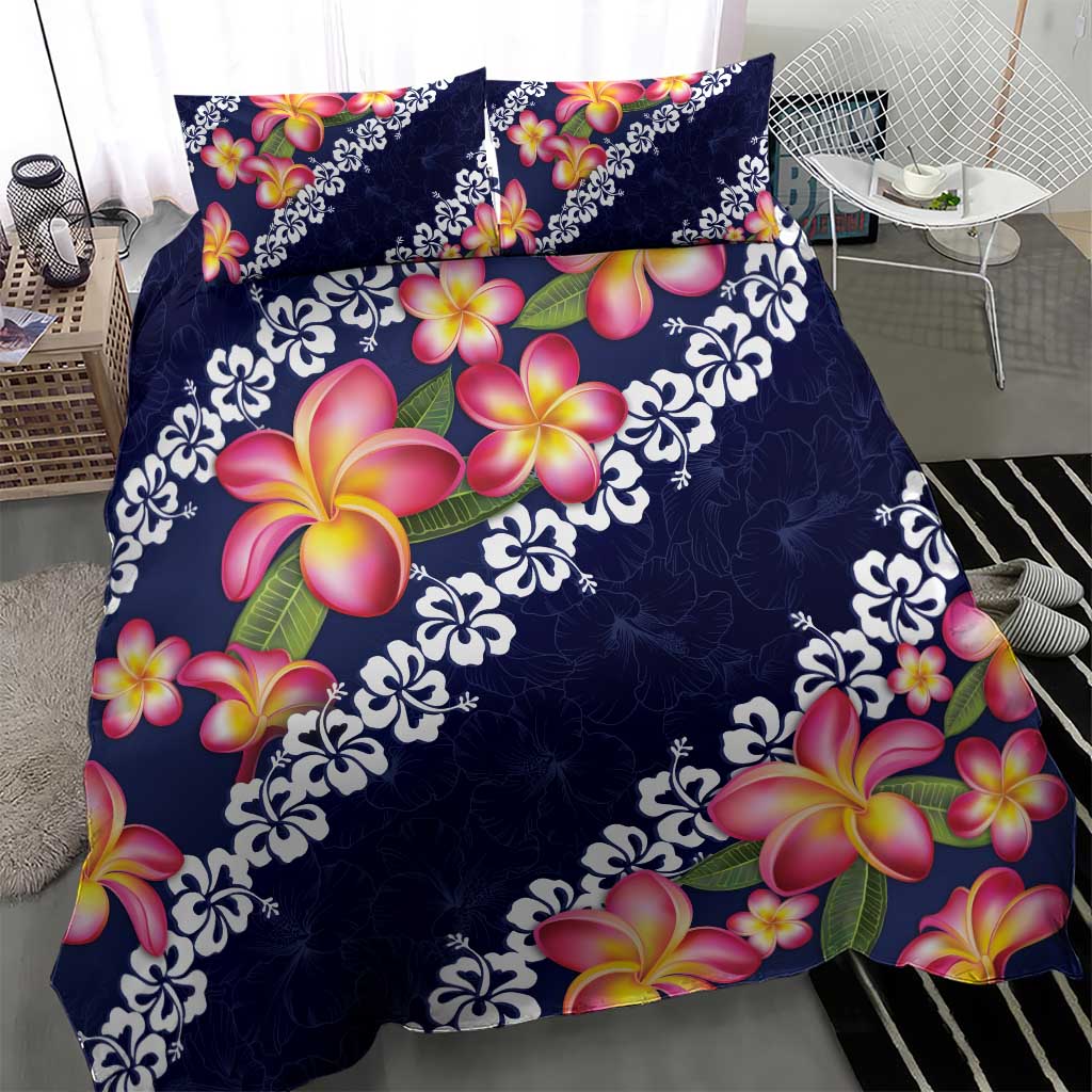 Blue Polynesia Bedding Set Plumeria With Hibiscus Pattern Tropical Vibes