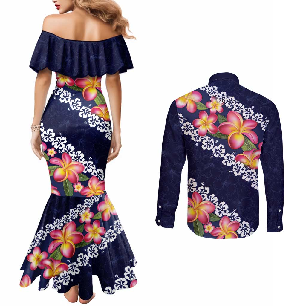 Blue Polynesia Couples Matching Mermaid Dress and Long Sleeve Button Shirt Plumeria With Hibiscus Pattern Tropical Vibes
