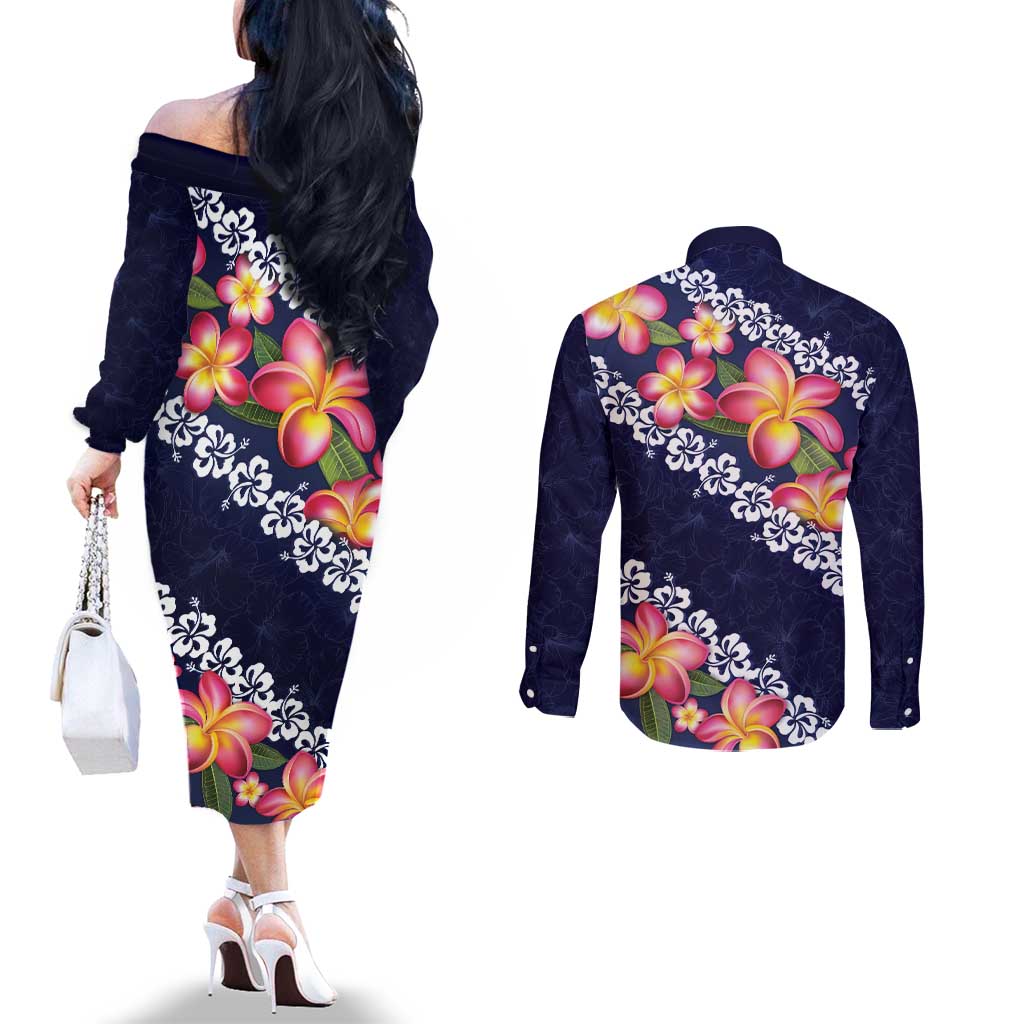 Blue Polynesia Couples Matching Off The Shoulder Long Sleeve Dress and Long Sleeve Button Shirt Plumeria With Hibiscus Pattern Tropical Vibes