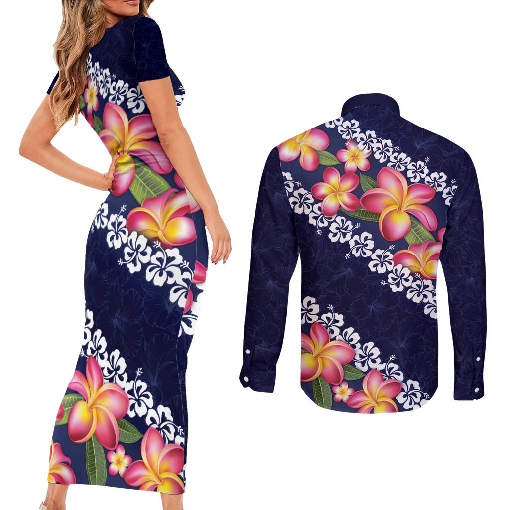 Blue Polynesia Couples Matching Short Sleeve Bodycon Dress and Long Sleeve Button Shirt Plumeria With Hibiscus Pattern Tropical Vibes