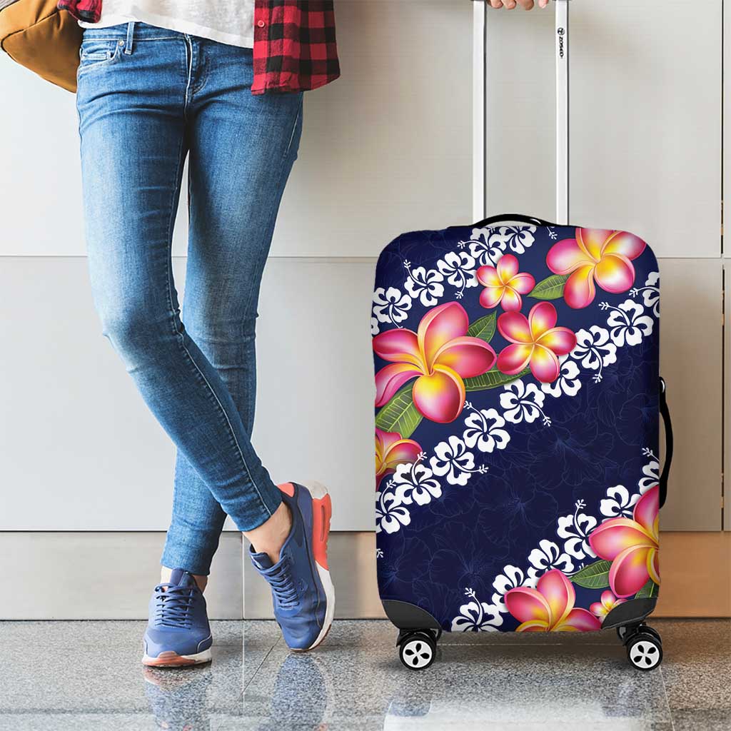 Blue Polynesia Luggage Cover Plumeria With Hibiscus Pattern Tropical Vibes