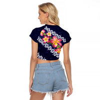 Blue Polynesia Raglan Cropped T Shirt Plumeria With Hibiscus Pattern Tropical Vibes