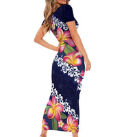 Blue Polynesia Short Sleeve Bodycon Dress Plumeria With Hibiscus Pattern Tropical Vibes