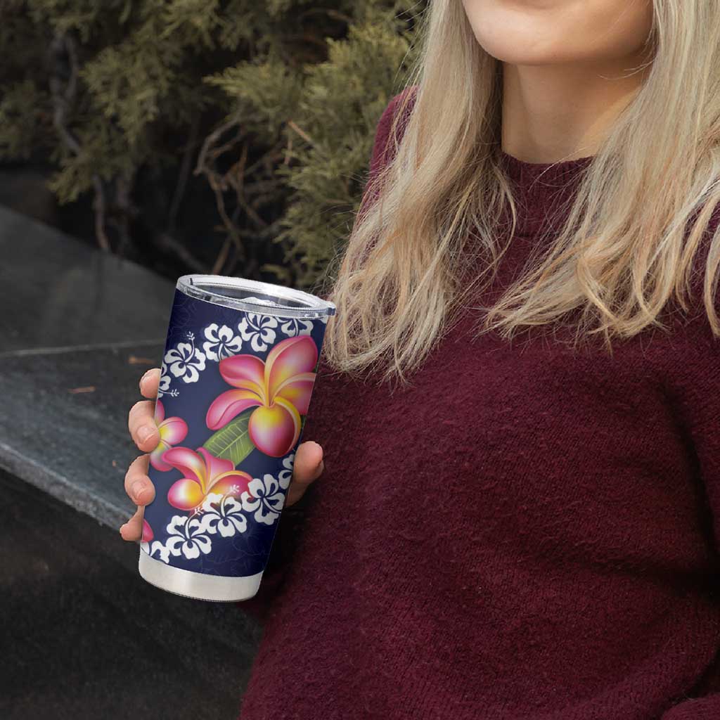 Blue Polynesia Tumbler Cup Plumeria With Hibiscus Pattern Tropical Vibes