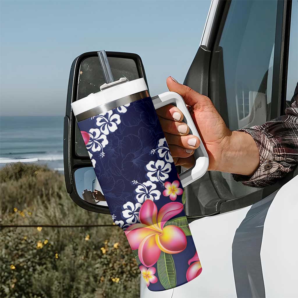 Blue Polynesia Tumbler With Handle Plumeria With Hibiscus Pattern Tropical Vibes