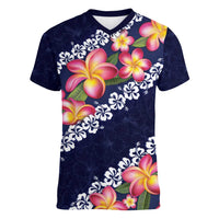 Blue Polynesia Women V-Neck T-Shirt Plumeria With Hibiscus Pattern Tropical Vibes