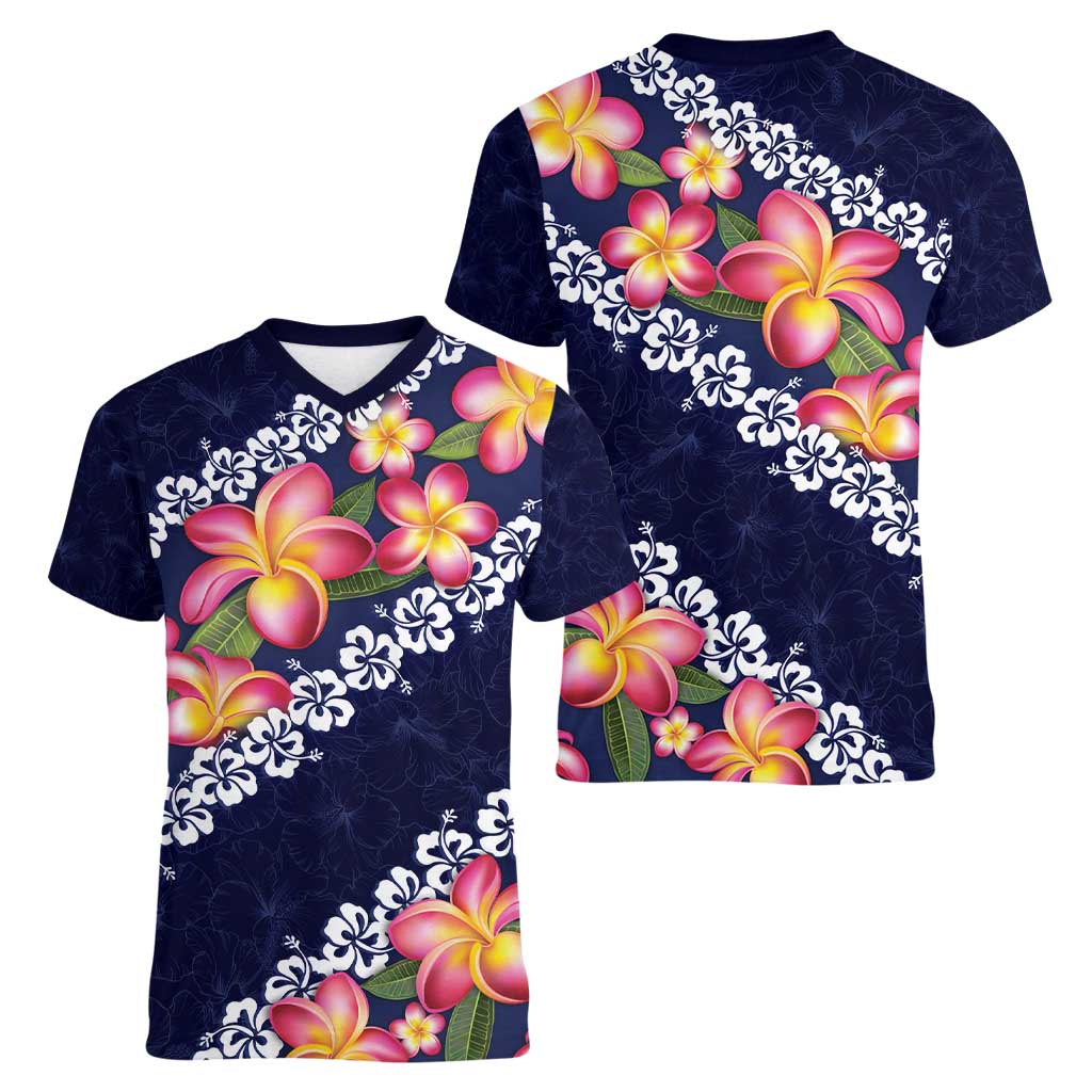 Blue Polynesia Women V-Neck T-Shirt Plumeria With Hibiscus Pattern Tropical Vibes