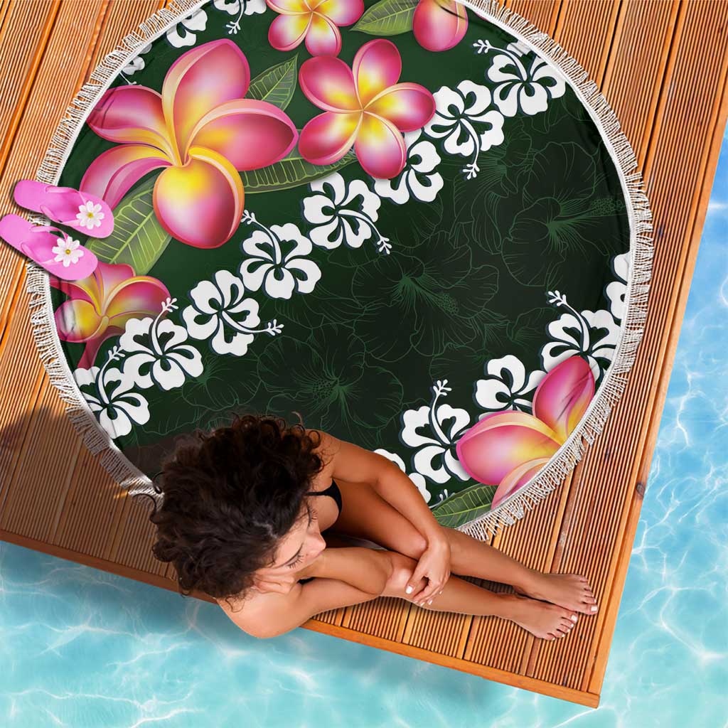 Green Polynesia Beach Blanket Plumeria With Hibiscus Pattern Tropical Vibes