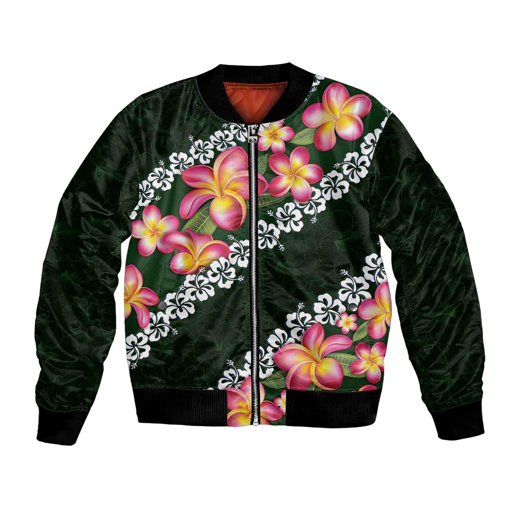 Green Polynesia Bomber Jacket Plumeria With Hibiscus Pattern Tropical Vibes LT14 Unisex Green - Polynesian Pride
