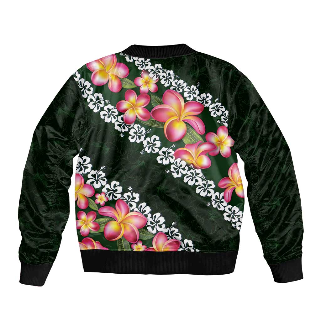 Green Polynesia Bomber Jacket Plumeria With Hibiscus Pattern Tropical Vibes LT14 - Polynesian Pride