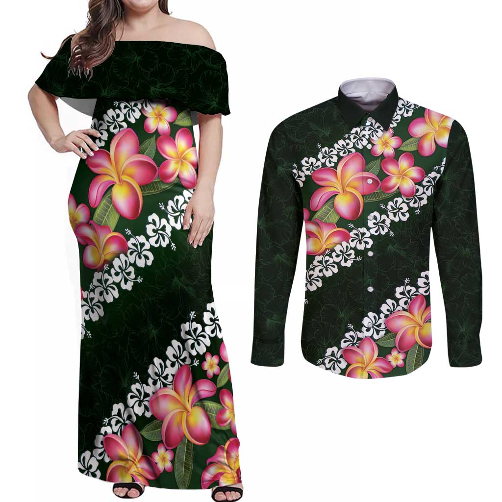 Green Polynesia Couples Matching Off Shoulder Maxi Dress and Long Sleeve Button Shirt Plumeria With Hibiscus Pattern Tropical Vibes