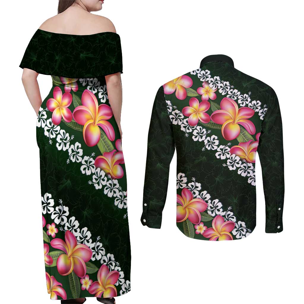 Green Polynesia Couples Matching Off Shoulder Maxi Dress and Long Sleeve Button Shirt Plumeria With Hibiscus Pattern Tropical Vibes