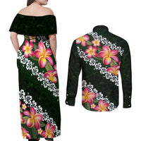 Green Polynesia Couples Matching Off Shoulder Maxi Dress and Long Sleeve Button Shirt Plumeria With Hibiscus Pattern Tropical Vibes