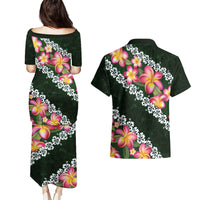 Green Polynesia Couples Matching Puletasi and Hawaiian Shirt Plumeria With Hibiscus Pattern Tropical Vibes