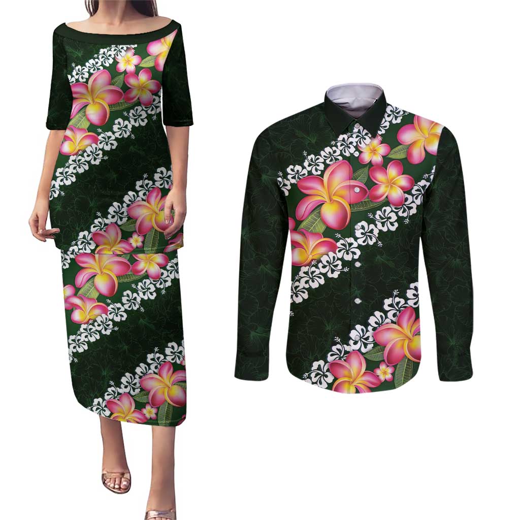 Green Polynesia Couples Matching Puletasi and Long Sleeve Button Shirt Plumeria With Hibiscus Pattern Tropical Vibes