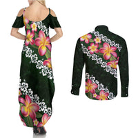 Green Polynesia Couples Matching Summer Maxi Dress and Long Sleeve Button Shirt Plumeria With Hibiscus Pattern Tropical Vibes