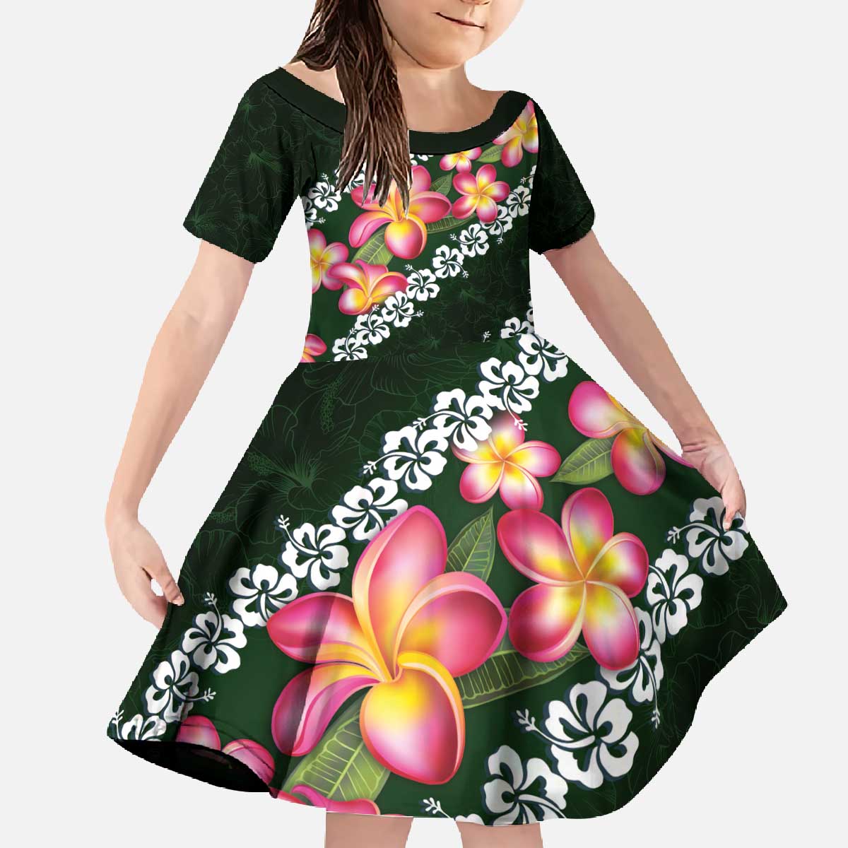 Green Polynesia Family Matching Off The Shoulder Long Sleeve Dress and Hawaiian Shirt Plumeria With Hibiscus Pattern Tropical Vibes LT14 Daughter's Dress Green - Polynesian Pride