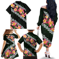 Green Polynesia Family Matching Off The Shoulder Long Sleeve Dress and Hawaiian Shirt Plumeria With Hibiscus Pattern Tropical Vibes LT14 - Polynesian Pride