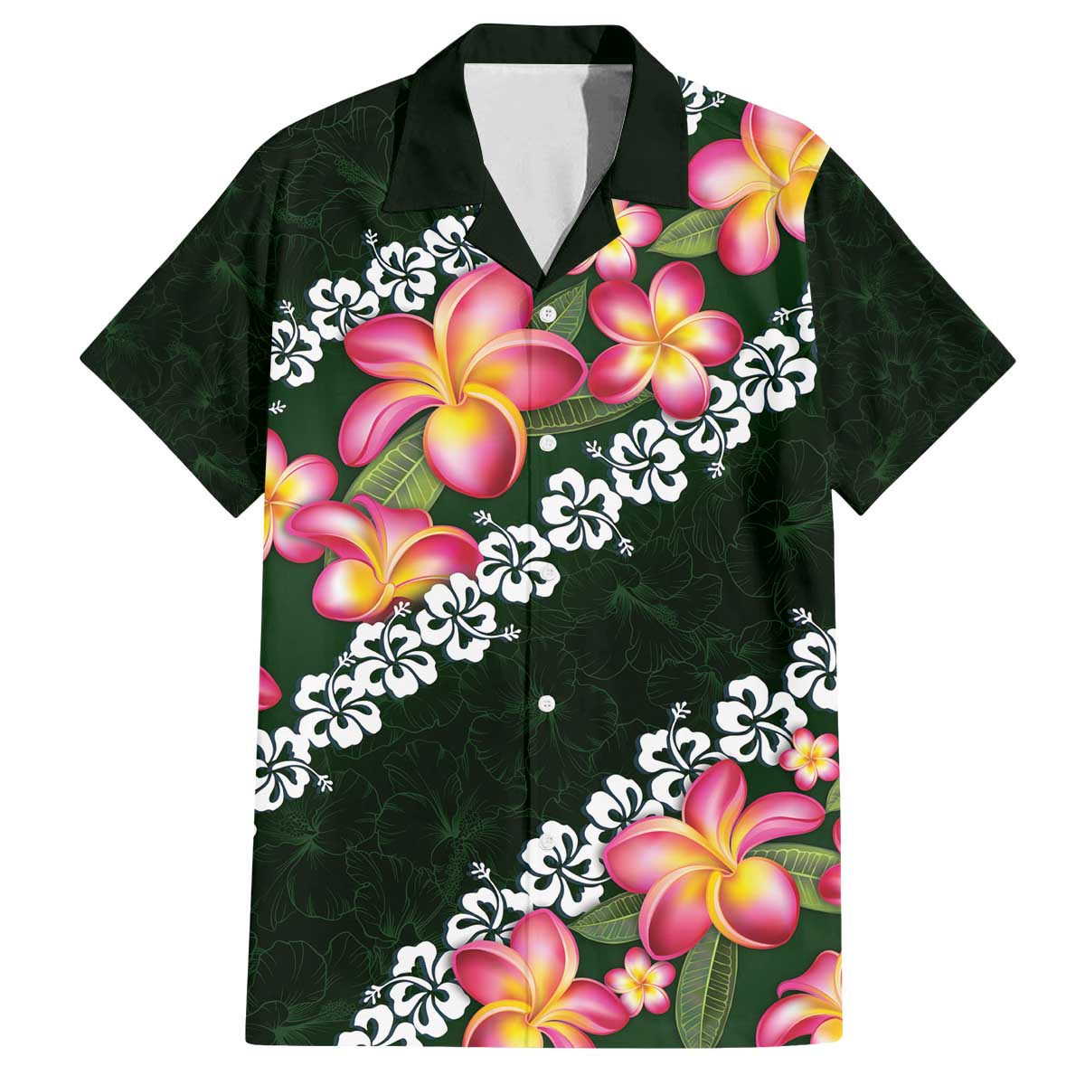 Green Polynesia Family Matching Off The Shoulder Long Sleeve Dress and Hawaiian Shirt Plumeria With Hibiscus Pattern Tropical Vibes LT14 Dad's Shirt - Short Sleeve Green - Polynesian Pride