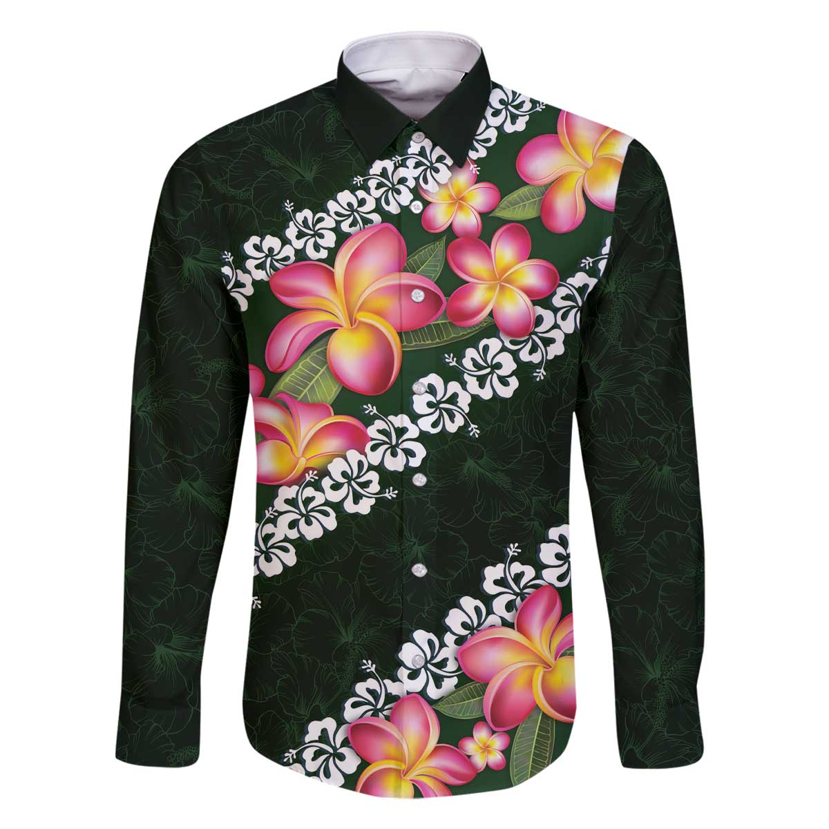 Green Polynesia Family Matching Off The Shoulder Long Sleeve Dress and Hawaiian Shirt Plumeria With Hibiscus Pattern Tropical Vibes LT14 Dad's Shirt - Long Sleeve Green - Polynesian Pride