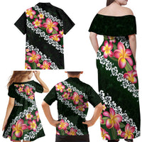 Green Polynesia Family Matching Off Shoulder Maxi Dress and Hawaiian Shirt Plumeria With Hibiscus Pattern Tropical Vibes