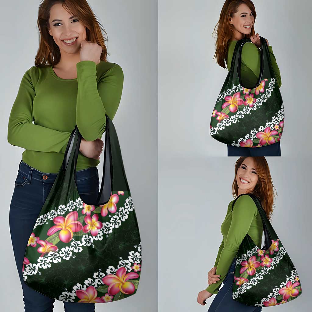 Green Polynesia Grocery Bag Plumeria With Hibiscus Pattern Tropical Vibes