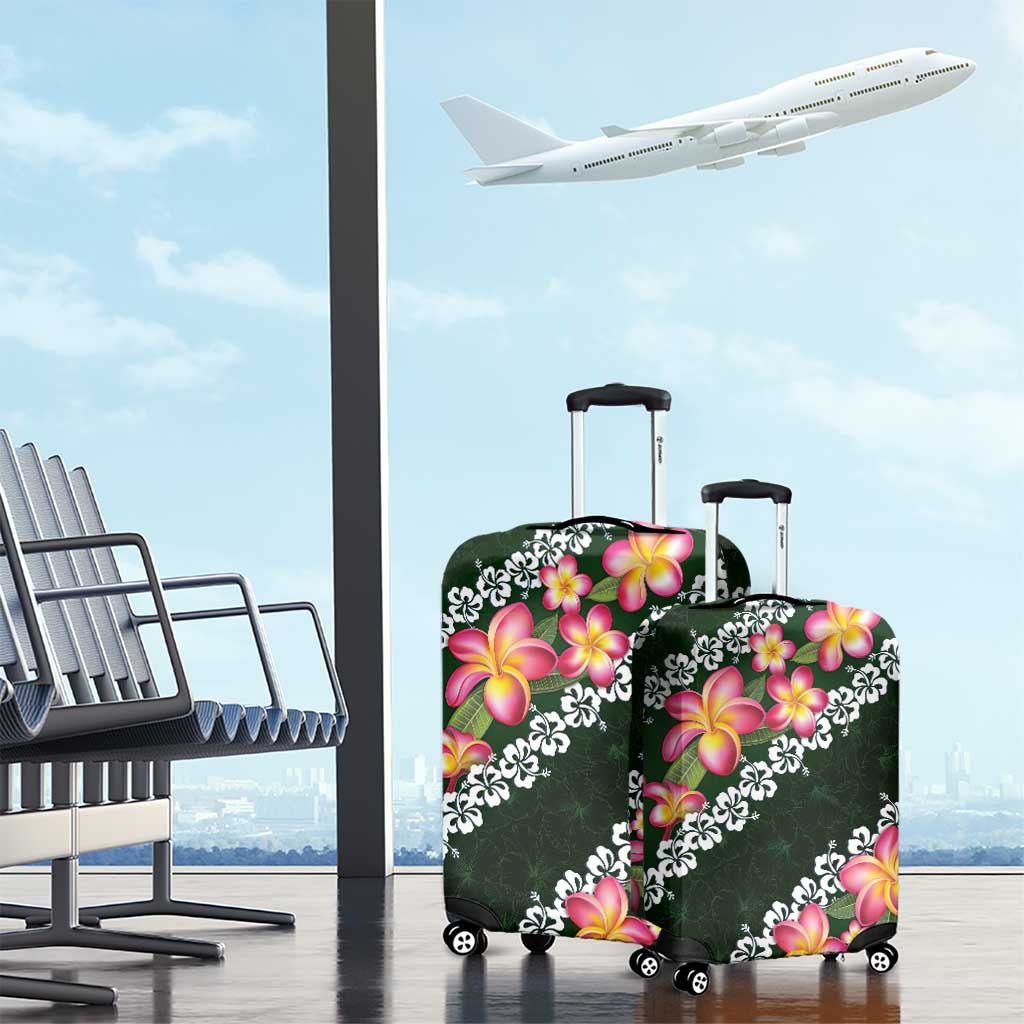 Green Polynesia Luggage Cover Plumeria With Hibiscus Pattern Tropical Vibes LT14 - Polynesian Pride