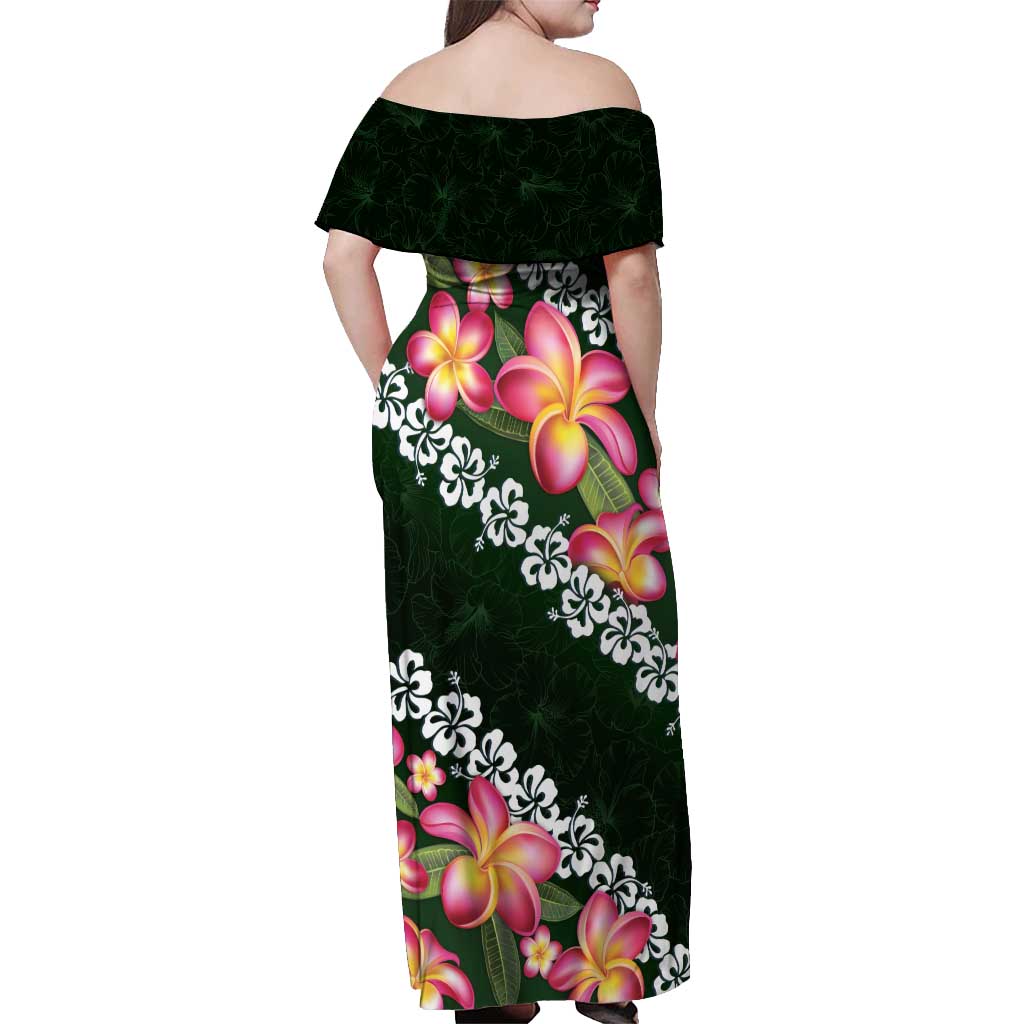 Green Polynesia Off Shoulder Maxi Dress Plumeria With Hibiscus Pattern Tropical Vibes