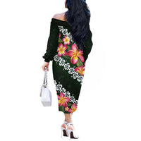 Green Polynesia Off The Shoulder Long Sleeve Dress Plumeria With Hibiscus Pattern Tropical Vibes