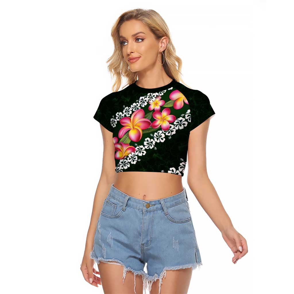 Green Polynesia Raglan Cropped T Shirt Plumeria With Hibiscus Pattern Tropical Vibes