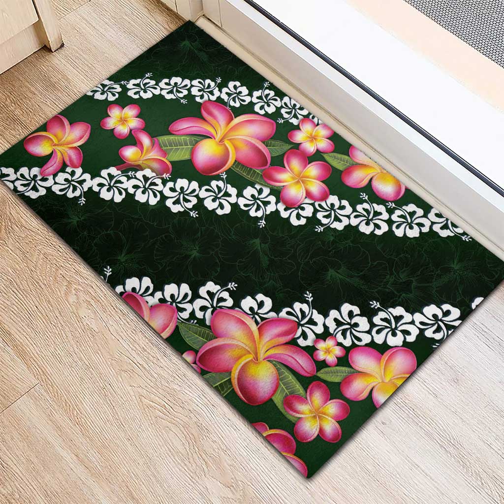 Green Polynesia Rubber Doormat Plumeria With Hibiscus Pattern Tropical Vibes