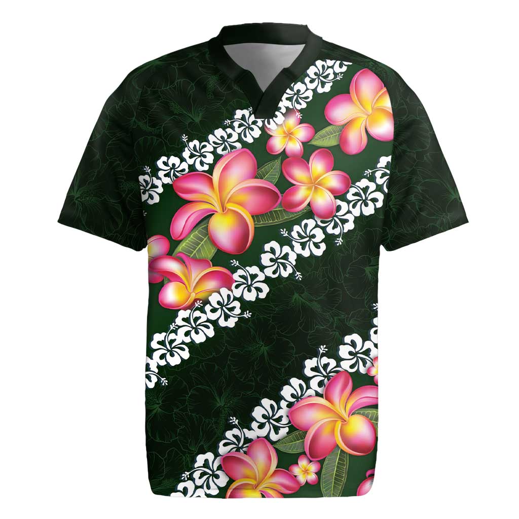 Green Polynesia Rugby Jersey Plumeria With Hibiscus Pattern Tropical Vibes