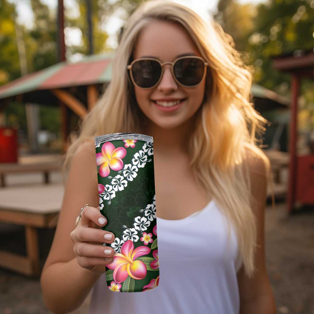 Green Polynesia Skinny Tumbler Plumeria With Hibiscus Pattern Tropical Vibes