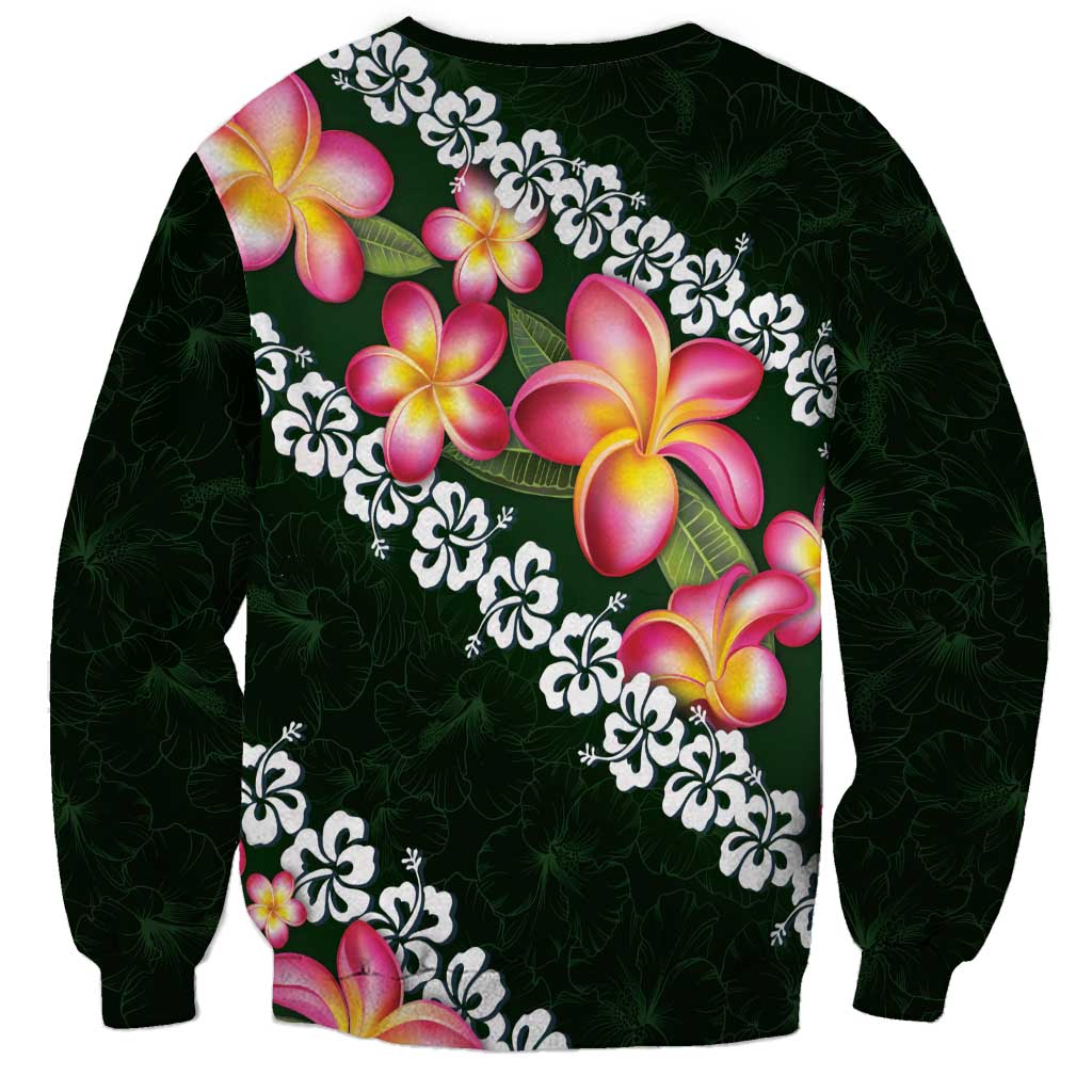 Green Polynesia Sweatshirt Plumeria With Hibiscus Pattern Tropical Vibes