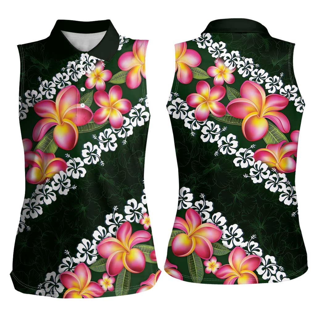 Green Polynesia Women Sleeveless Polo Shirt Plumeria With Hibiscus Pattern Tropical Vibes