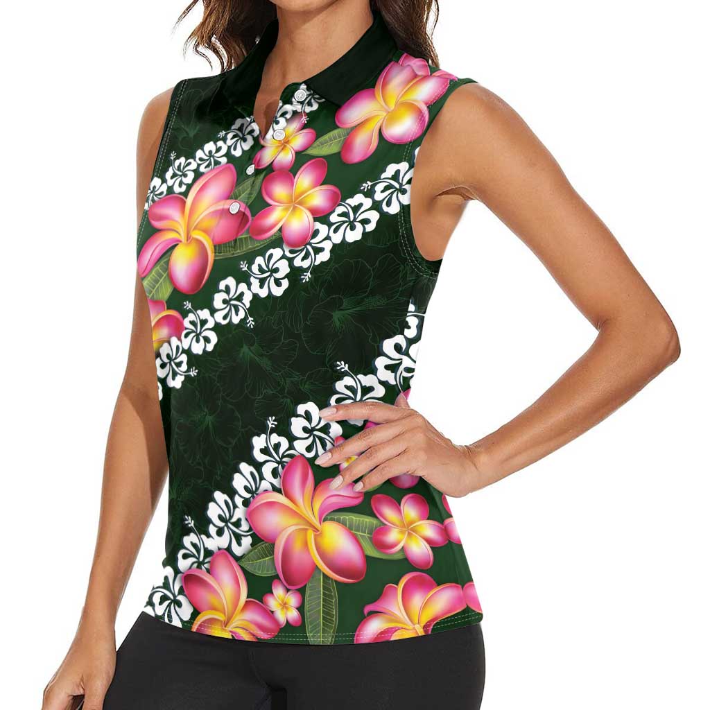 Green Polynesia Women Sleeveless Polo Shirt Plumeria With Hibiscus Pattern Tropical Vibes