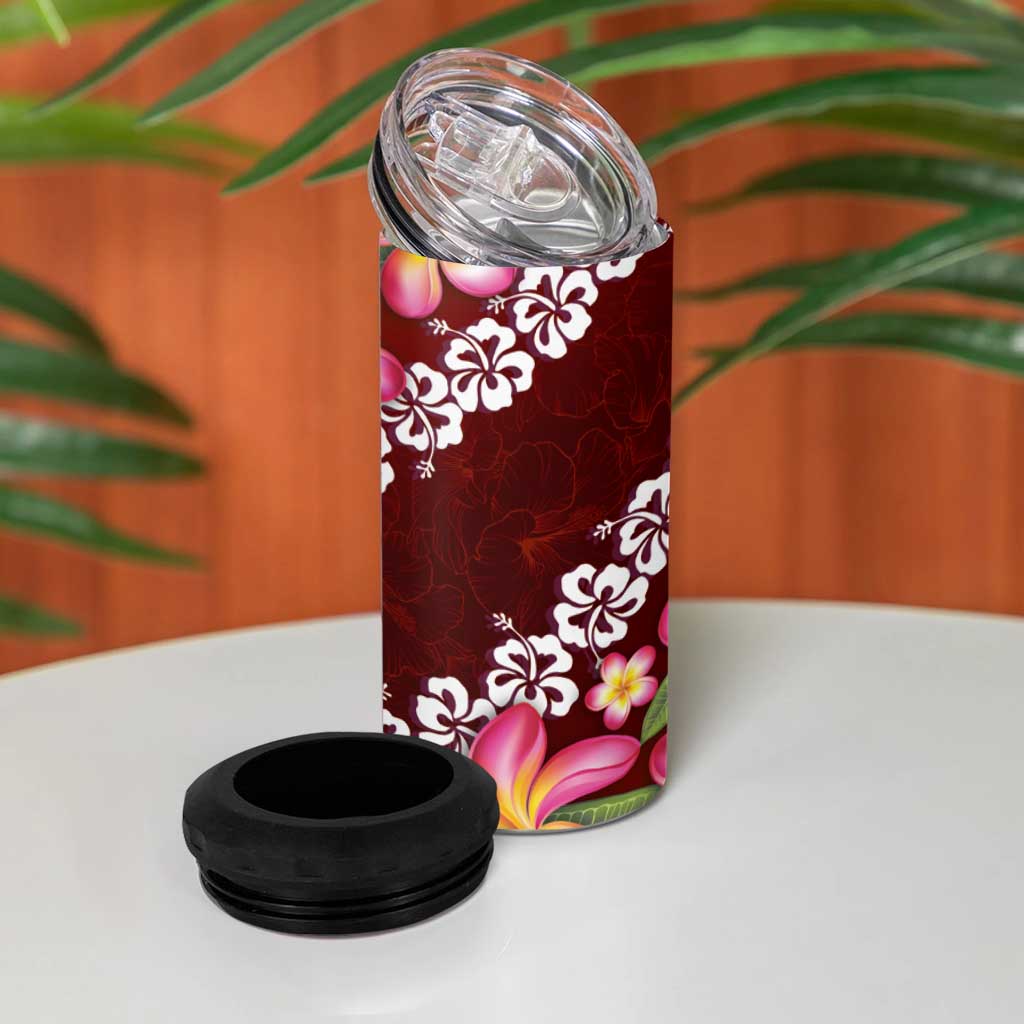 Oxblood Polynesia 4 in 1 Can Cooler Tumbler Plumeria With Hibiscus Pattern Tropical Vibes